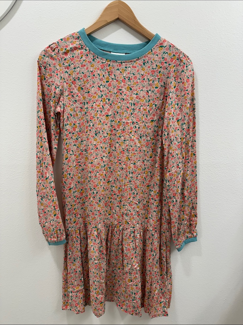 Hanna Andersson Pink Floral Long-Sleeve Dress with Teal Trim